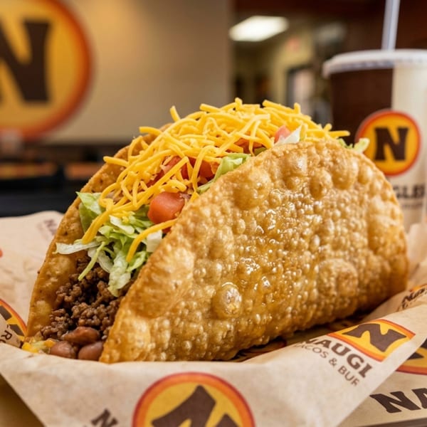 A crispy fried taco filled with ground beef, beans, lettuce, tomatoes, and shredded cheese.